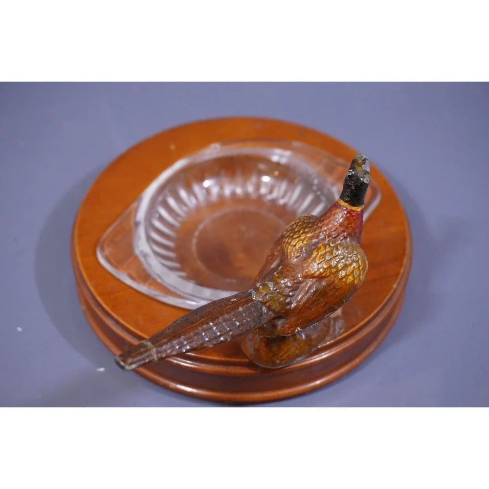 Vintage Mid-Century Ring-Necked Pheasant Wood & Glass Ashtray - Tobacciana